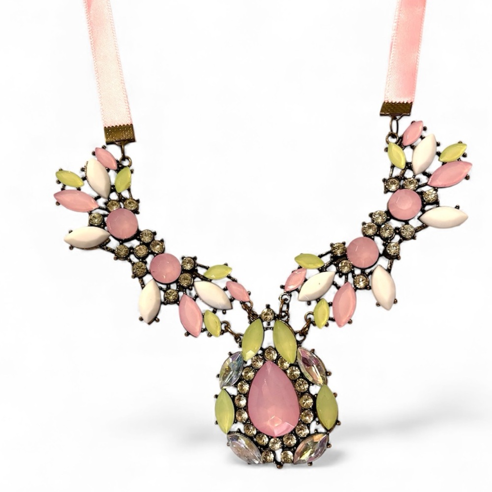 Floral Gemstone Necklace on Ribbon Chain